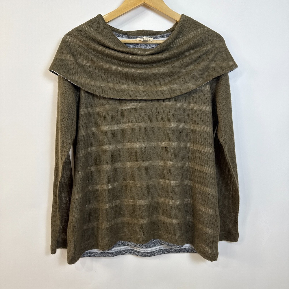 Tribal Jeans Sheer Overlay Cowl Neck Sweater Womens Large Olive Green Striped